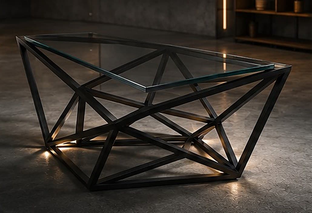 Morphis sehpa, geometrik çelik gövde, zeminde LED ışıklar