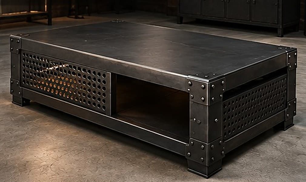 Iron Vault sehpa, düz sac tabla ve delikli yan paneller